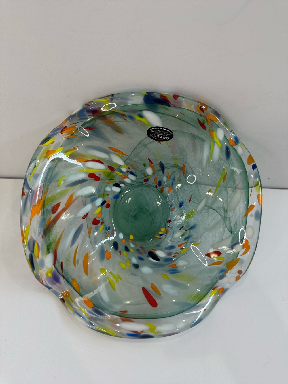 Murano Aqua Handblown Glass Bowl with Multicolor Confetti